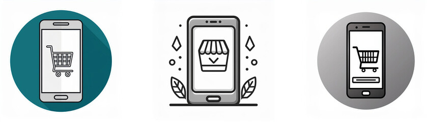 Aufkleber - Three illustrations of a smartphone with a shopping cart on the screen, a store icon, and an abstract leaf design.