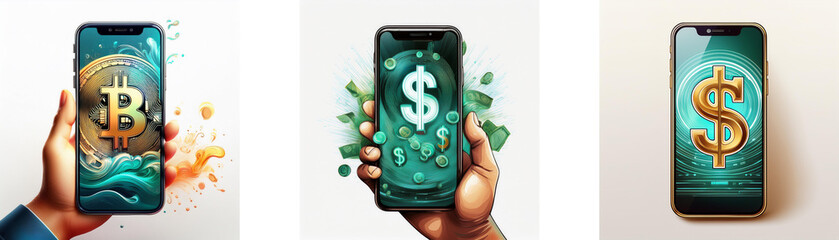 Poster - Three hands hold smartphones with different currency symbols on their screens, signifying digital finance and mobile payments.