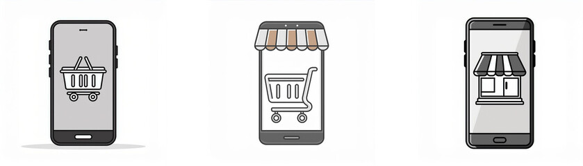 Poster - Three smartphones with different shopping icons on their screens.