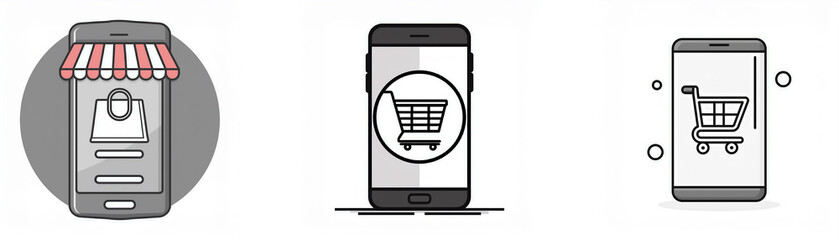 Poster - Three smartphones depict online shopping, featuring a shopping cart icon and an awning.
