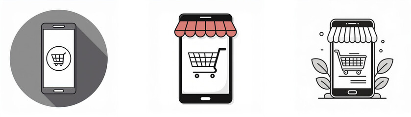 Poster - Three illustrations of a smartphone with a shopping cart icon on the screen.