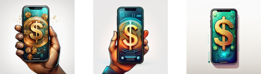 Poster - A hand holds a smartphone with a glowing dollar sign on the screen.
