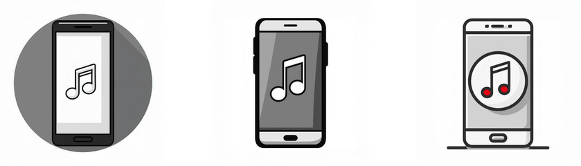 Poster - Three smartphones with music notes on the screen, one with a white note, one with a grey note and one with a red note in a circle.