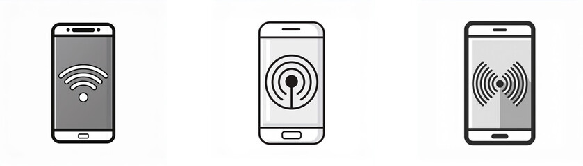Fototapete - Three smartphones with different types of wireless signal icons.