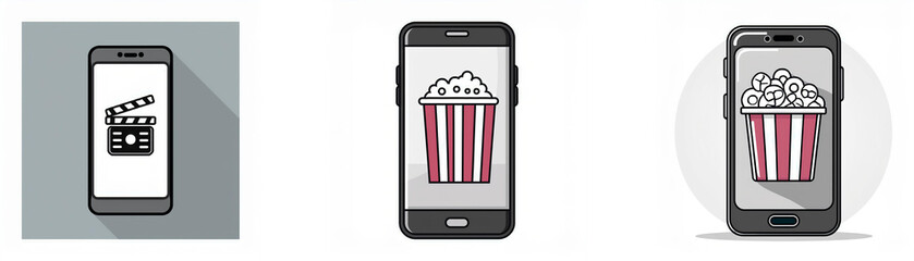Fototapete - Three smartphones are shown with different icons representing movie related content on each screen.
