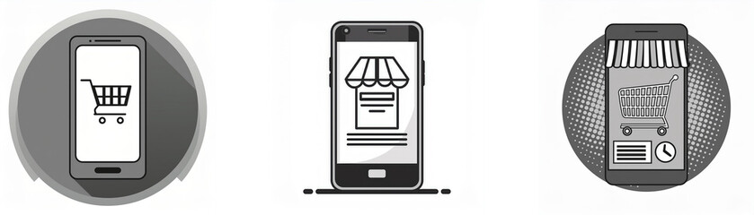 Aufkleber - Three mobile phone screens with icons related to online shopping.