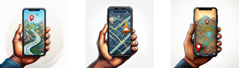 Fototapete - Three hands hold smartphones, each displaying a map with different locations marked by pins.