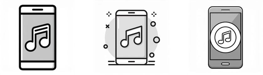 Poster - Three black and white illustrations of a smartphone with music notes on the screen.