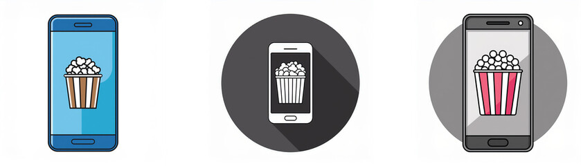 Poster - Three illustrations of a smartphone with an image of a bucket of popcorn on the screen.