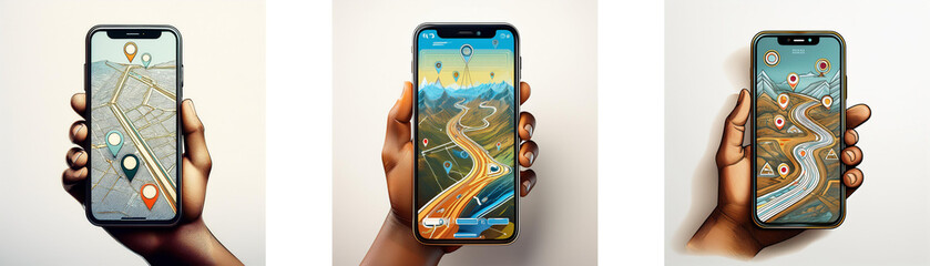Poster - Three hands hold smartphones displaying navigation apps with different maps, one a city view, one with a winding road, and one with a more rural route.