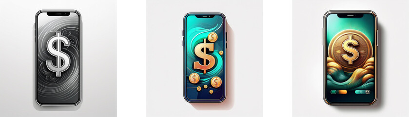 Poster - Three smartphone screens are displayed, each with a different design. They all feature the dollar sign, signifying financial themes.
