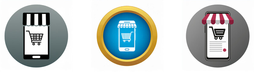 Poster - Three circular icons depicting mobile phones with an awning and shopping cart.