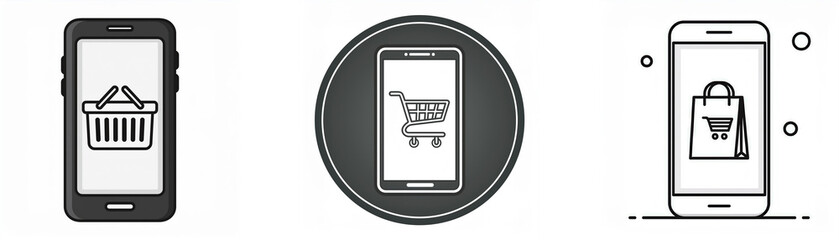 Poster - Three different phone icons with shopping symbols, including a shopping basket, shopping cart, and shopping bag.