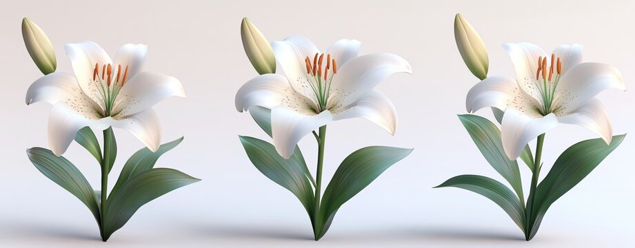 Blooming lilies, nature collection, 3D rendering, realistic, isolated on white background