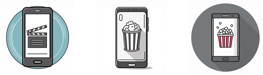 Poster - Three smartphones with icons of a clapperboard, popcorn and popcorn with stars on their screens.