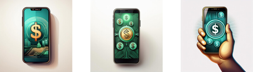 Aufkleber - Three smartphones with a dollar sign on the screen, one is held in a hand.
