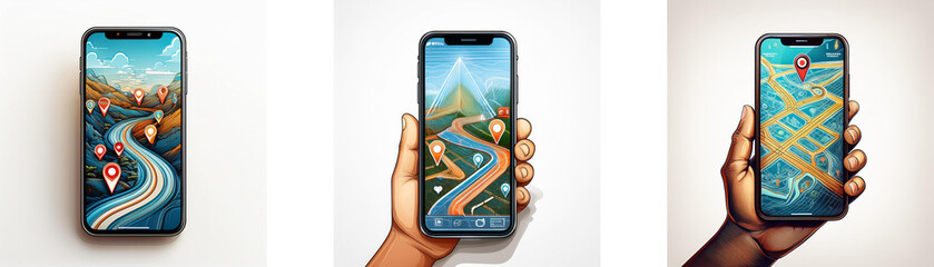 Poster - Three hands hold smartphones displaying different maps with locations marked.