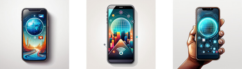 Aufkleber - Three smartphones with dark screens showcasing an app with a blue sphere on the screen.