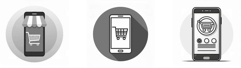 Poster - Three black and white icons depict a smartphone with a shopping cart inside a circle.