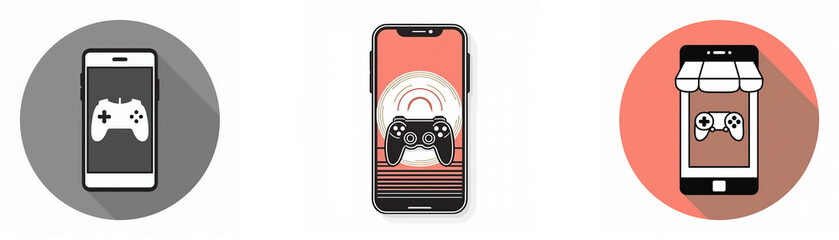 Poster - Three icons of a mobile phone with a joystick. The phone in the center is in a red circle, the phone on the left is in a gray circle, and the phone on the right is in a red circle with a store awning 