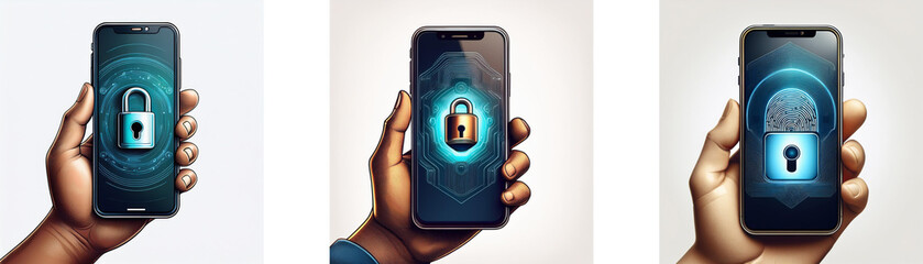 Aufkleber - Three hands hold smartphones, each with different lock icons.