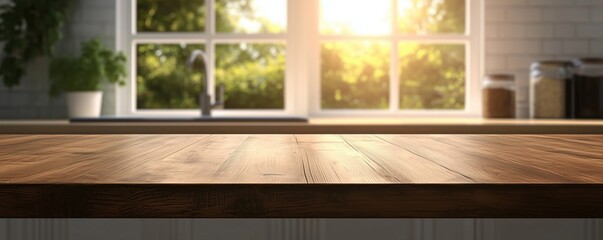 Bright kitchen interior with sunlight streaming through windows, casting warm golden hues on wooden counter.