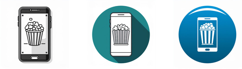 Poster - Three depictions of a smartphone with a popcorn bucket icon inside the screen.