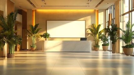 Poster - Modern reception area with plants and a blank screen for presentations.
