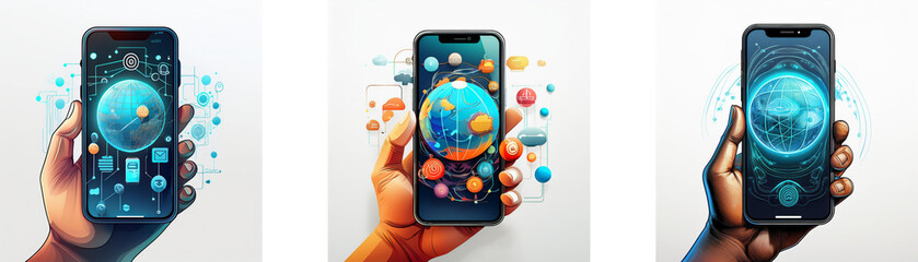 Poster - A hand holds a smartphone with a digital globe on the screen.