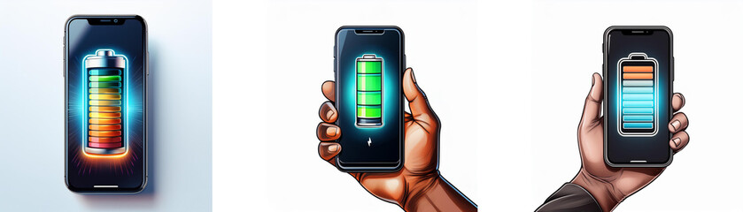 Poster - Three hands are holding cell phones, each displaying different levels of battery life.