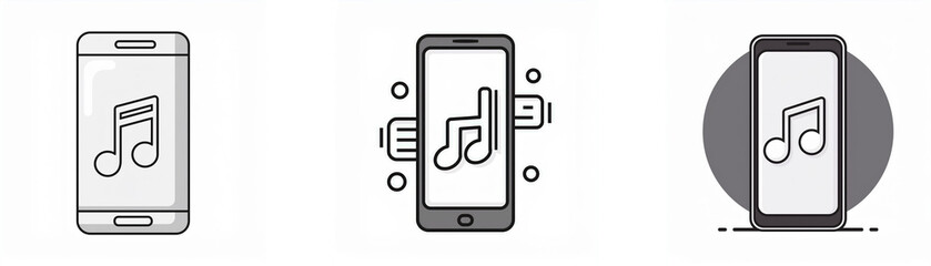 Poster - Three different illustrations of a smartphone with music notes on the screen, with one showing a plug connecting to the phone.