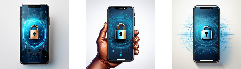 Fototapete - Three smartphones display a padlock icon in a circle on their screens. The center phone is being held by a hand.