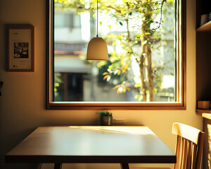 Sunlit dining area featuring a minimalist wooden table, chair, and a pendant light, overlooking a window view of lush greenery, creating a serene and inviting atmosphere.