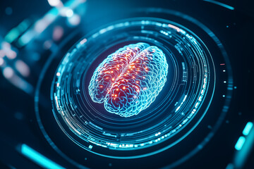 Poster - A digital tablet displays a glowing brain with intricate patterns, highlighting advanced technology