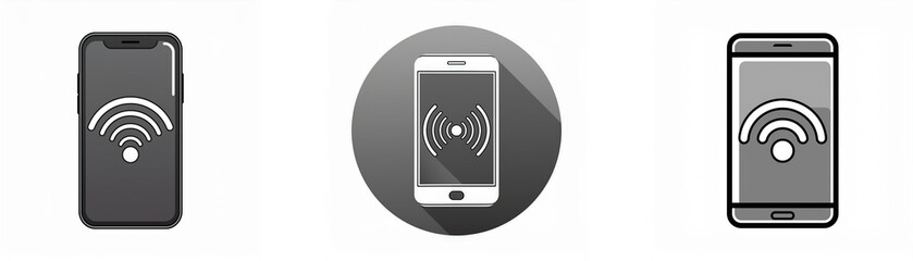 Poster - Three images of a smartphone with a wifi signal icon on the screen, one in a circle, one with a flat grey background, and one with a dark grey background.