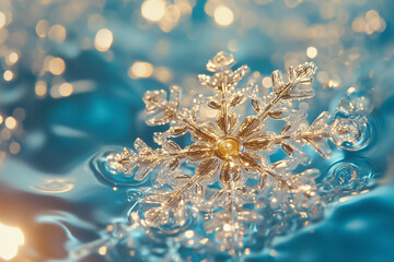 Poster - A beautiful snowflake sits on a blue surface, showcasing its intricate design and winter's calm beauty