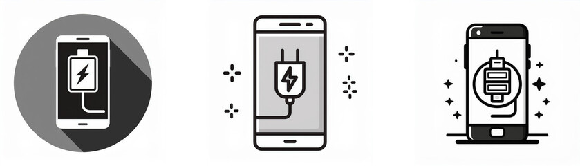 Poster - Three black and white illustrations of smartphones charging with different visual styles.