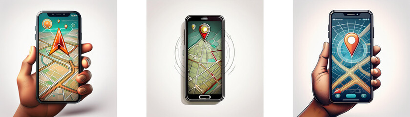 Poster - Three hands hold smartphones displaying maps and location pins.