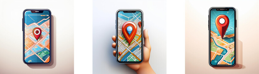 Poster - Three smartphones displaying a map with a red pin dropped on a location.