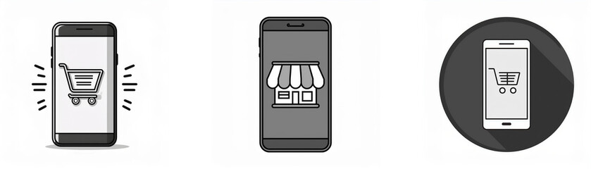 Three gray-scale icons depict a smartphone with a shopping cart inside the screen.