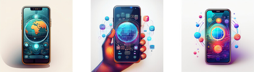 Aufkleber - Three smartphones displaying a globe with a colourful background. The middle phone is held in a hand.