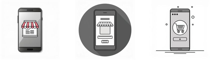 Poster - Three different gray smartphone screen displays showing a storefront icon, a store website, and a shopping cart icon.