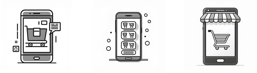 Poster - Three monochrome smartphone icons depict online shopping, mobile commerce, and e-commerce.