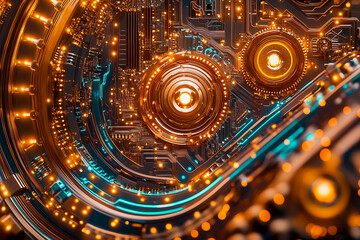 Poster - Glowing circuitry intertwines beautifully, showcasing a dynamic network of lights and patterns in a futuristic setting