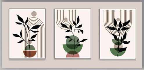Wall Mural - boho wall art set posters abstract boho rainbow prints boho artwork mid century modern neutral green
