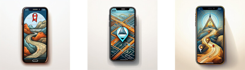 Fototapete - Three smartphone mockups display winding roads through picturesque landscapes.