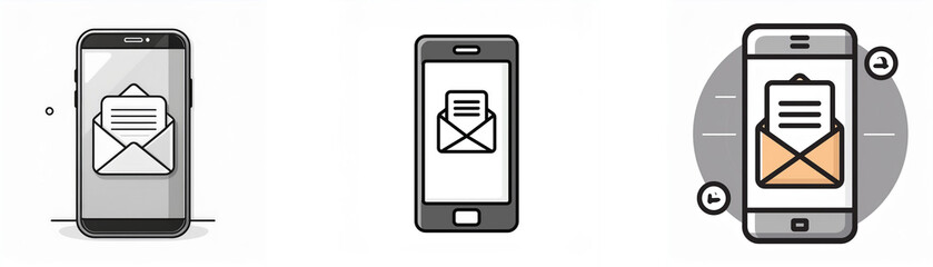 Fototapete - Three illustrations of mobile phones showing an envelope with a letter inside.
