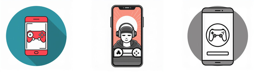 Poster - Three app icons on a white background. Each icon features a smartphone with a game-related graphic.
