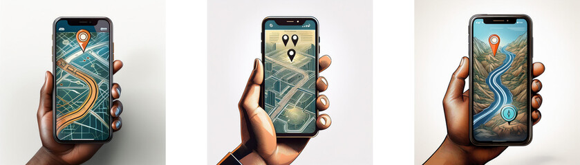 Fototapete - Three hands are holding smartphones displaying a map app with a highlighted route.