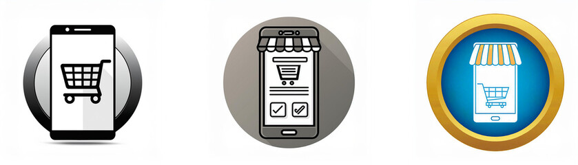 Poster - Three icons represent online shopping with a smartphone, shopping cart, and storefront awning.